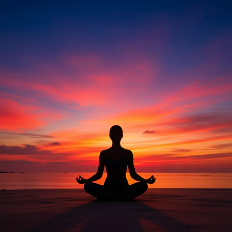 Silhouette of a person seated cross-legged in meditation on the shore at sunset