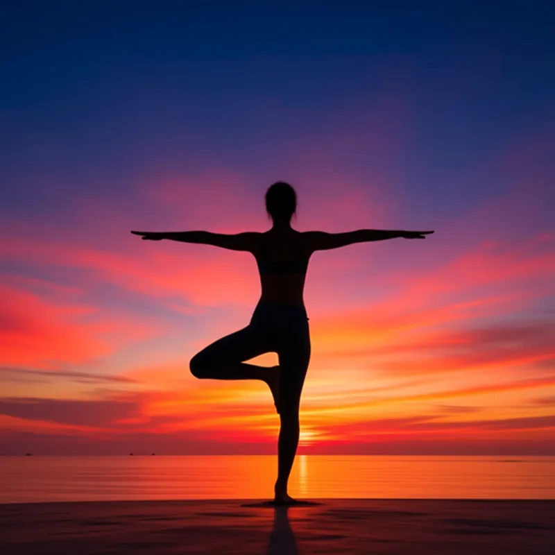 Silhouette of a person balancing in tree pose with arms stretched wide, in front of a sunset over the sea